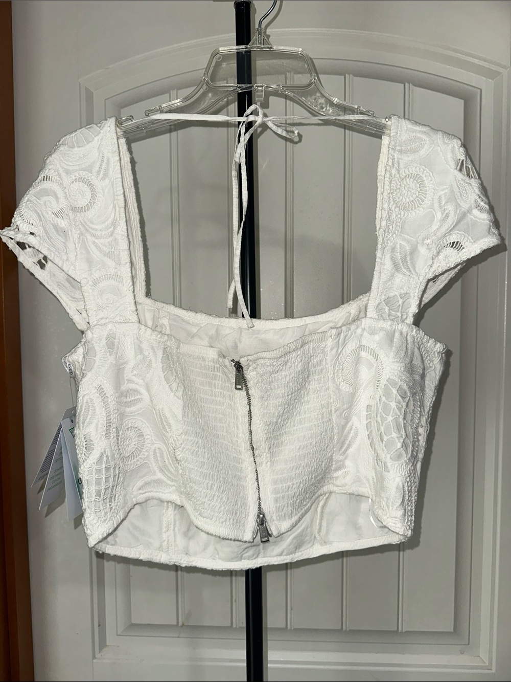 Guess White Lace Cropped Square-Neck Top with Tie-Back size L - Picture 6 of 6